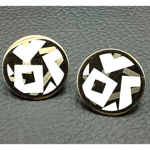 Vintage Avon Clip On‎ Earrings 1980s Abstract Geometric Gold Tone White Enamel